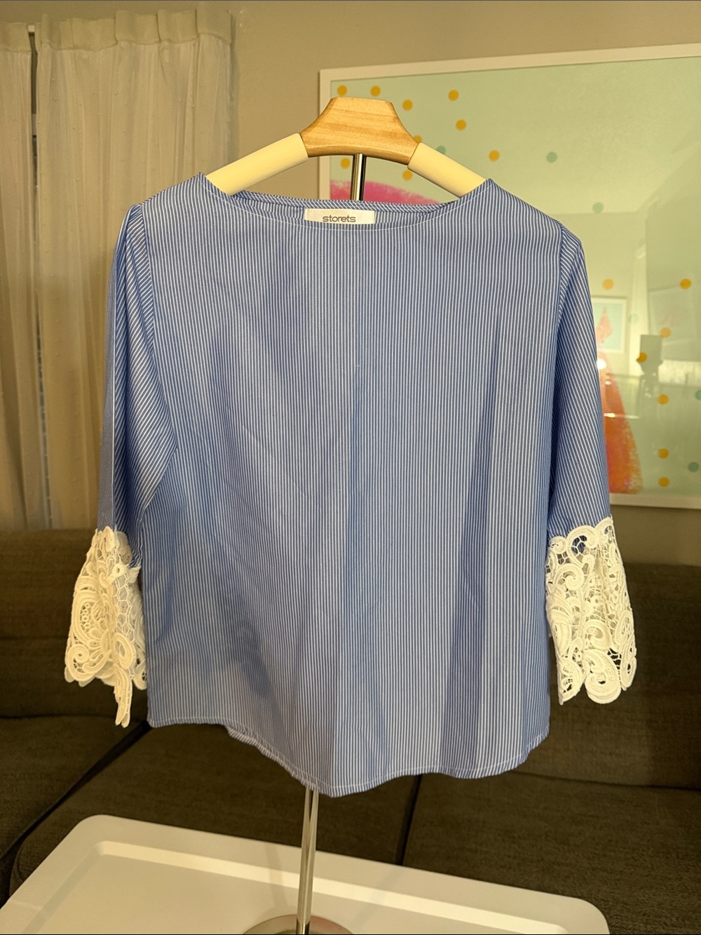 storets Blue Pinstripe Blouse with White Lace Cuffs